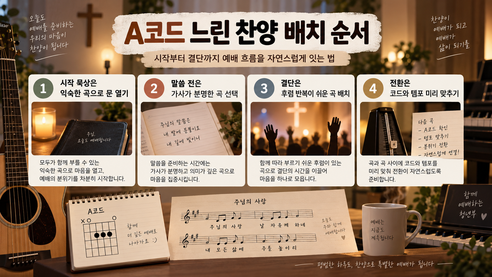 예배 흐름에 맞춘 A코드 느린 찬양 순서 정보카드