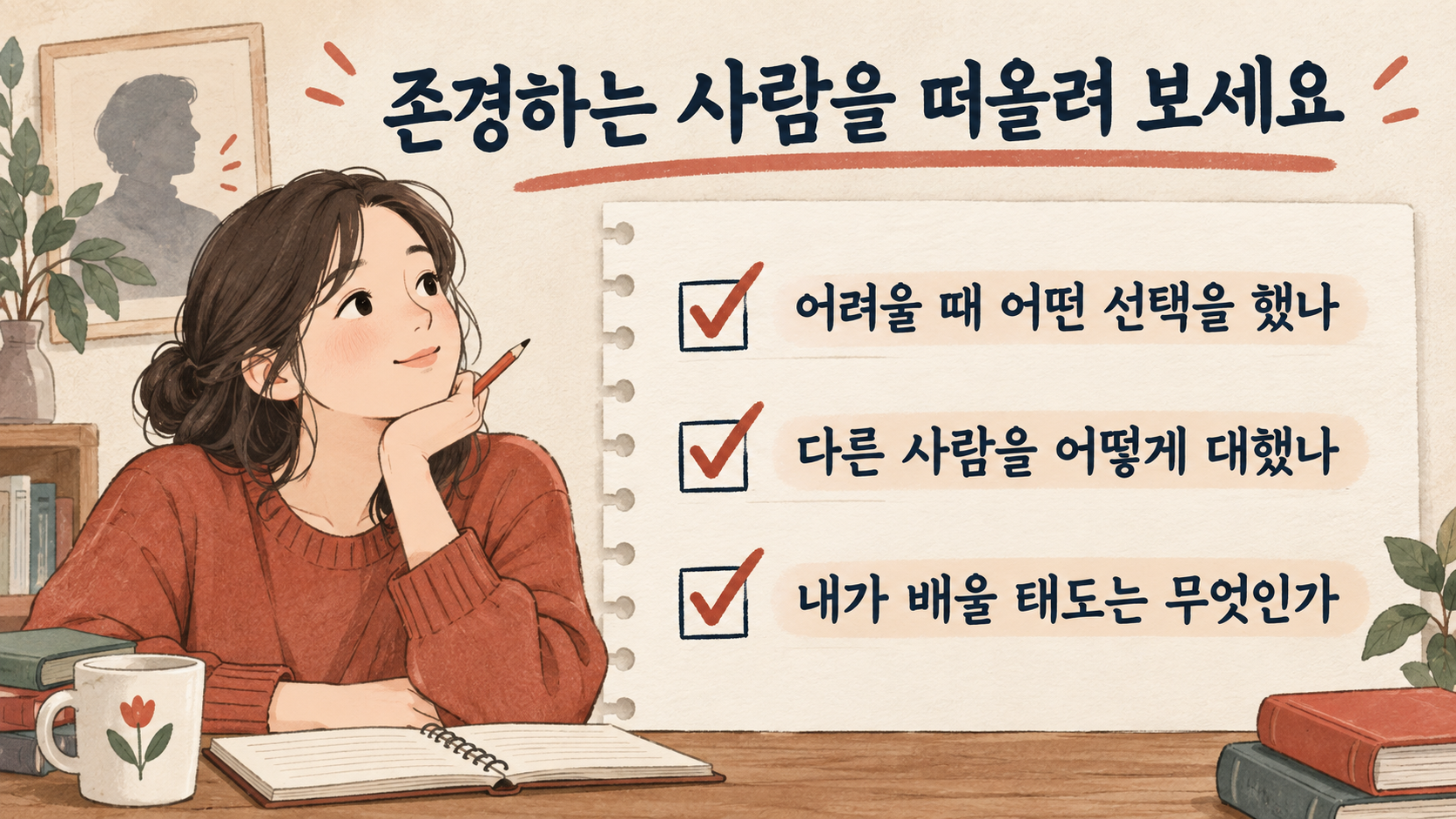 어려울 때의 선택, 다른 사람을 대하는 태도, 배울 태도를 확인하는 존경 인물 성찰 카드