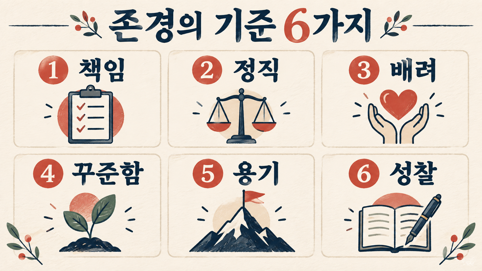 책임, 정직, 배려, 꾸준함, 용기, 성찰 여섯 가지 존경 기준 정보카드