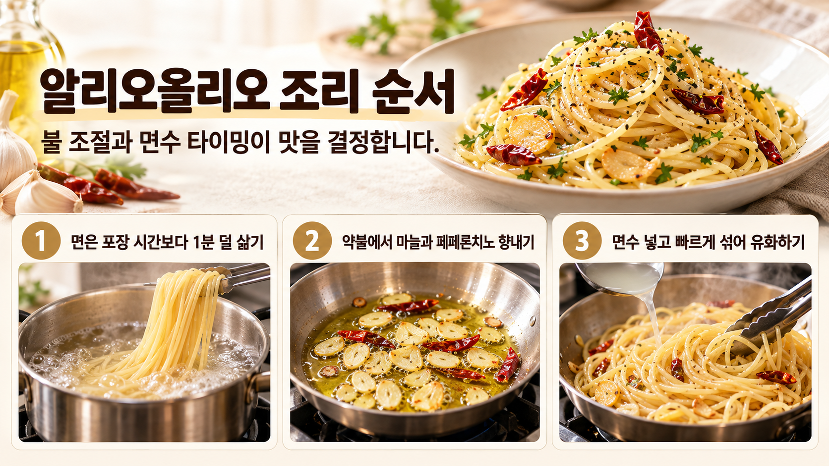 알리오올리오 조리 순서를 보여 주는 정보 카드