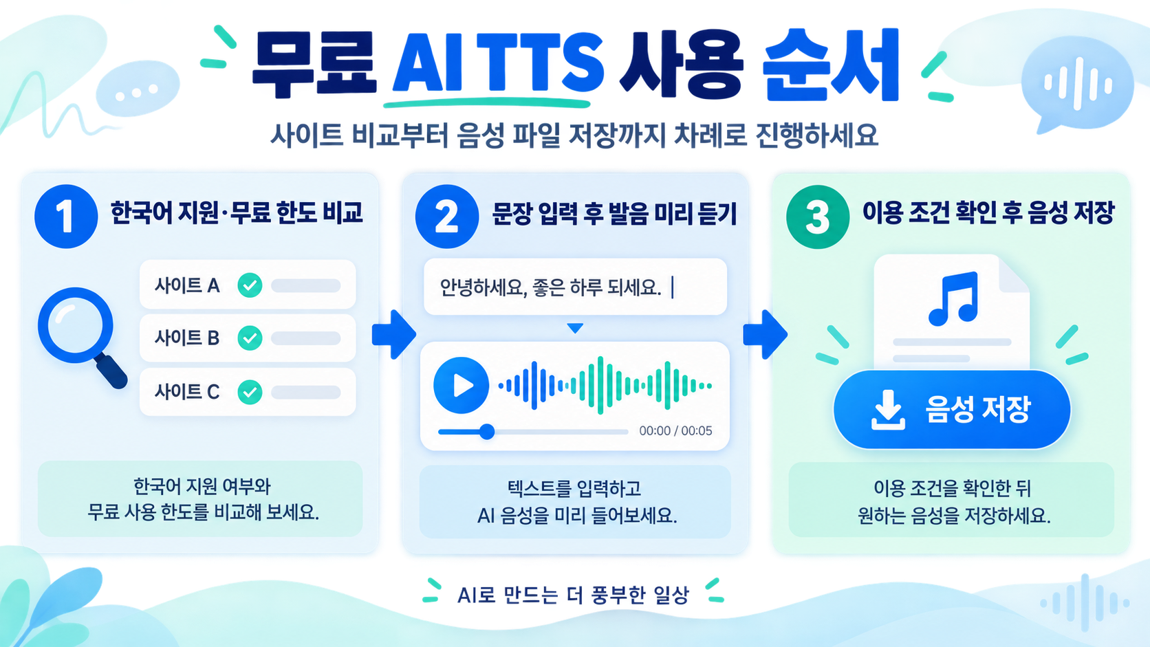AI TTS 음성 제작 순서를 설명하는 한국어 정보카드