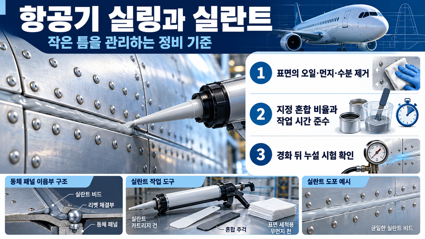 항공기 실링과 실란트 핵심 정보를 담은 안내 카드