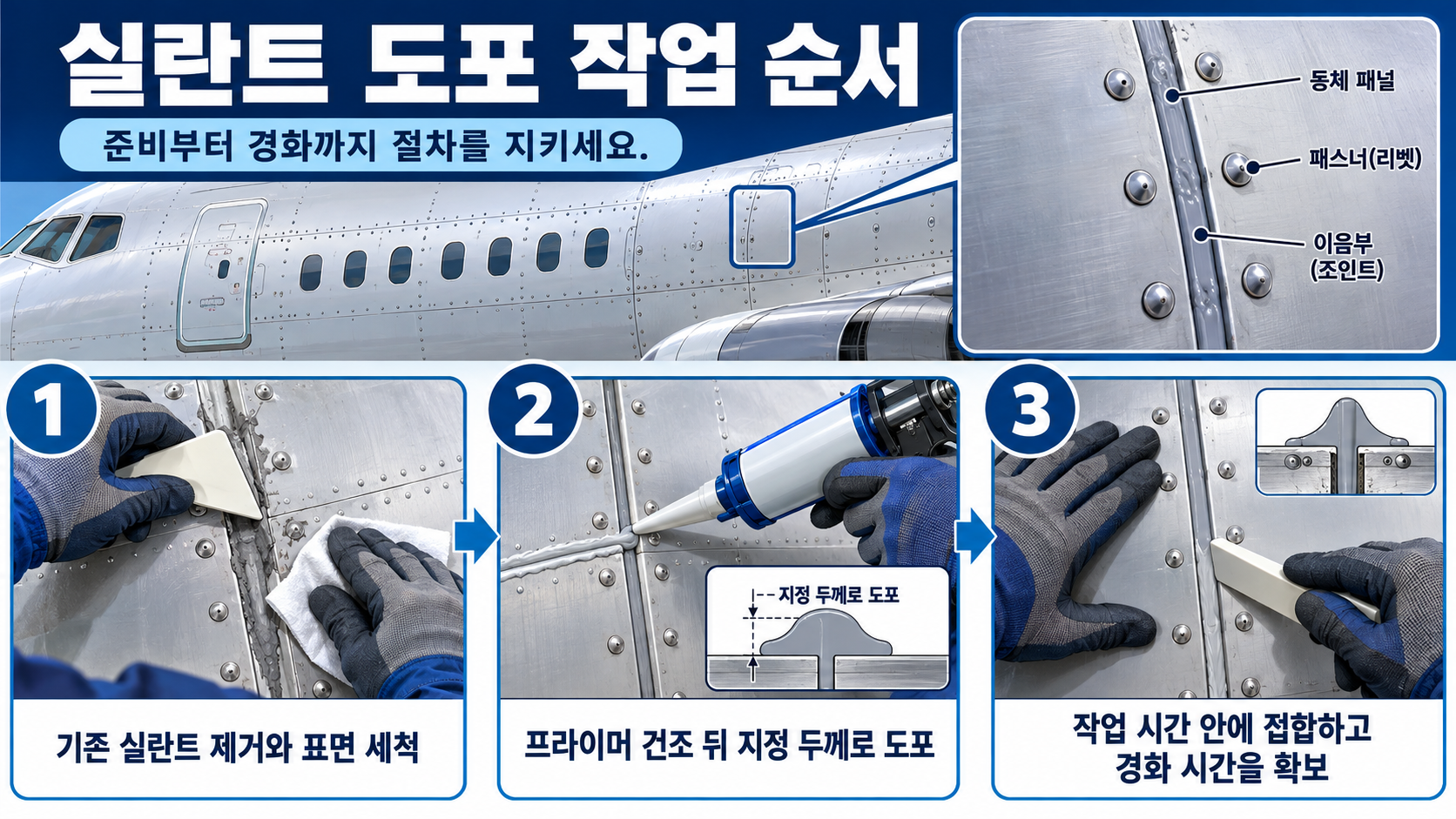 항공기 실란트 작업 순서를 설명하는 정보 카드