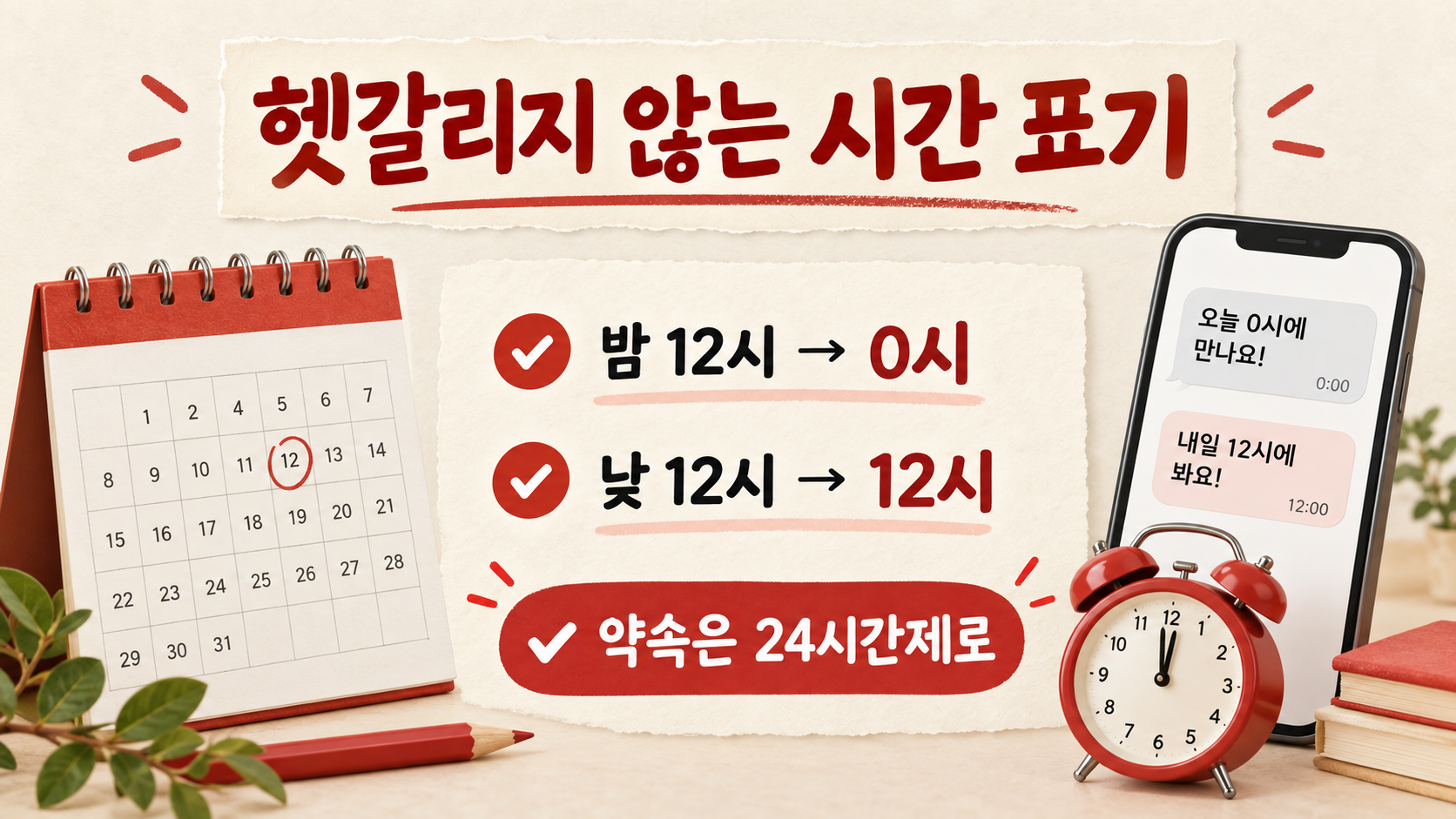 밤 12시는 0시, 낮 12시는 12시로 적는 시간 표기 체크리스트 정보카드