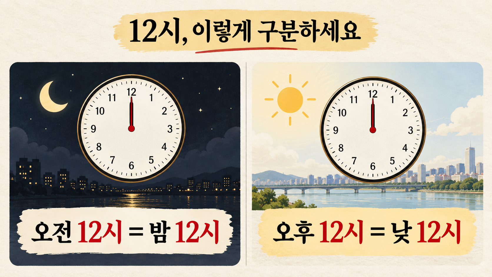 오전 12시는 밤 12시, 오후 12시는 낮 12시임을 비교한 한국형 정보카드