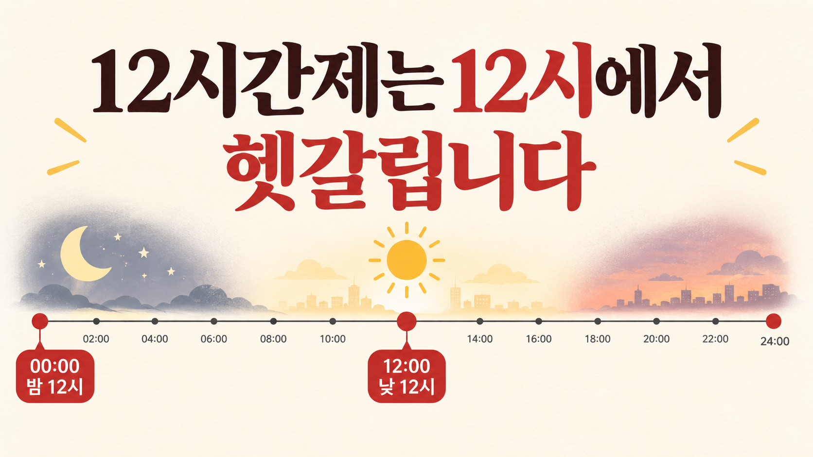 00시 밤 12시와 12시 낮 12시를 표시한 24시간제 타임라인 정보카드