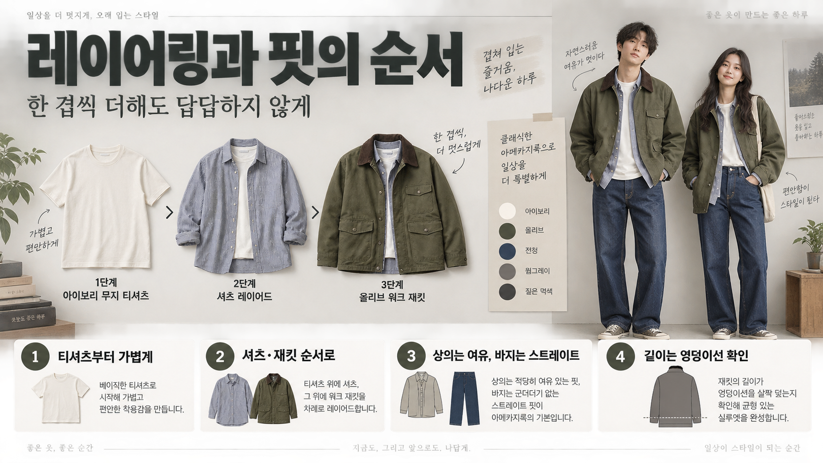 아메카지룩 기본 코디를 완성하는 순서를 보여 주는 한국어 정보카드