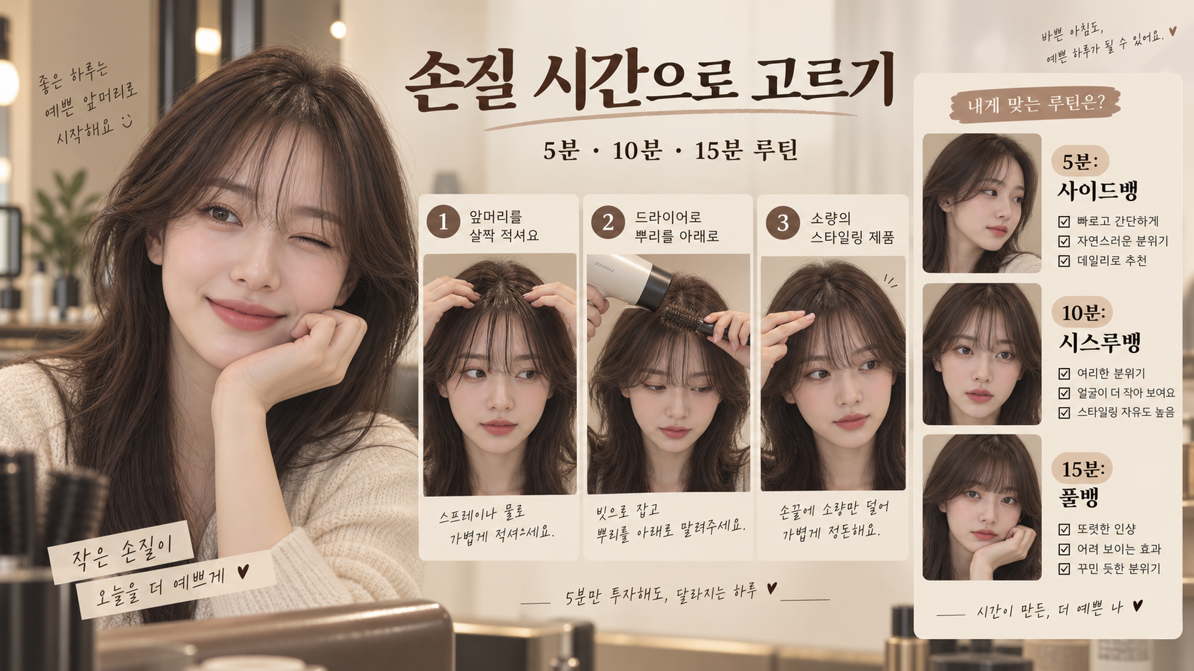 앞머리 손질 시간과 드라이 순서를 설명하는 한국어 정보카드