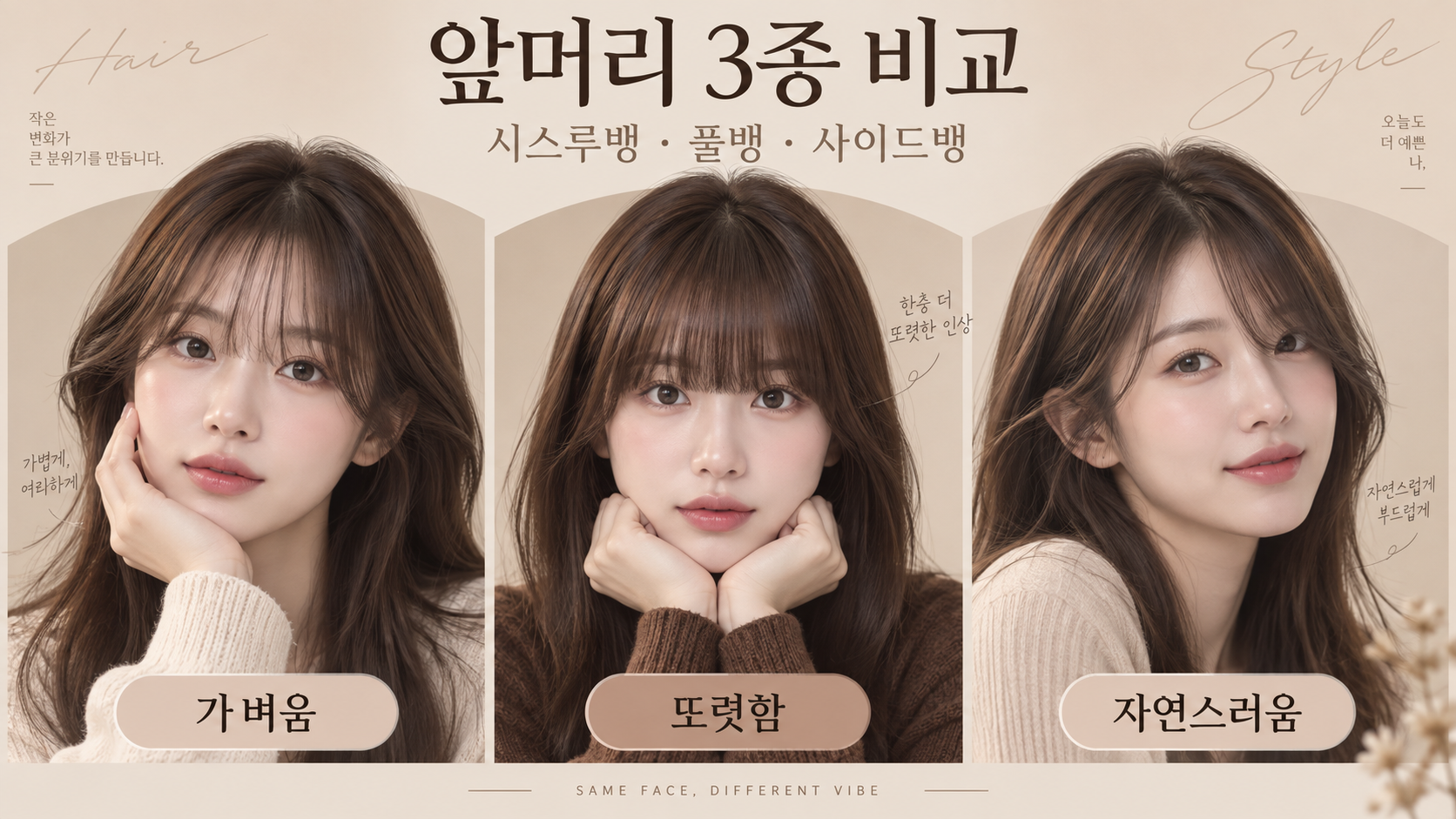 시스루뱅 풀뱅 사이드뱅 특징을 비교한 한국어 정보카드