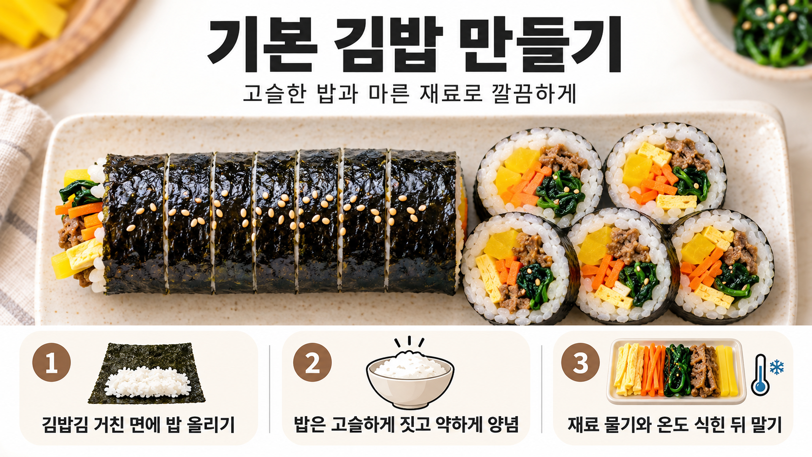 기본 김밥 만들기 핵심 과정을 정리한 정보카드