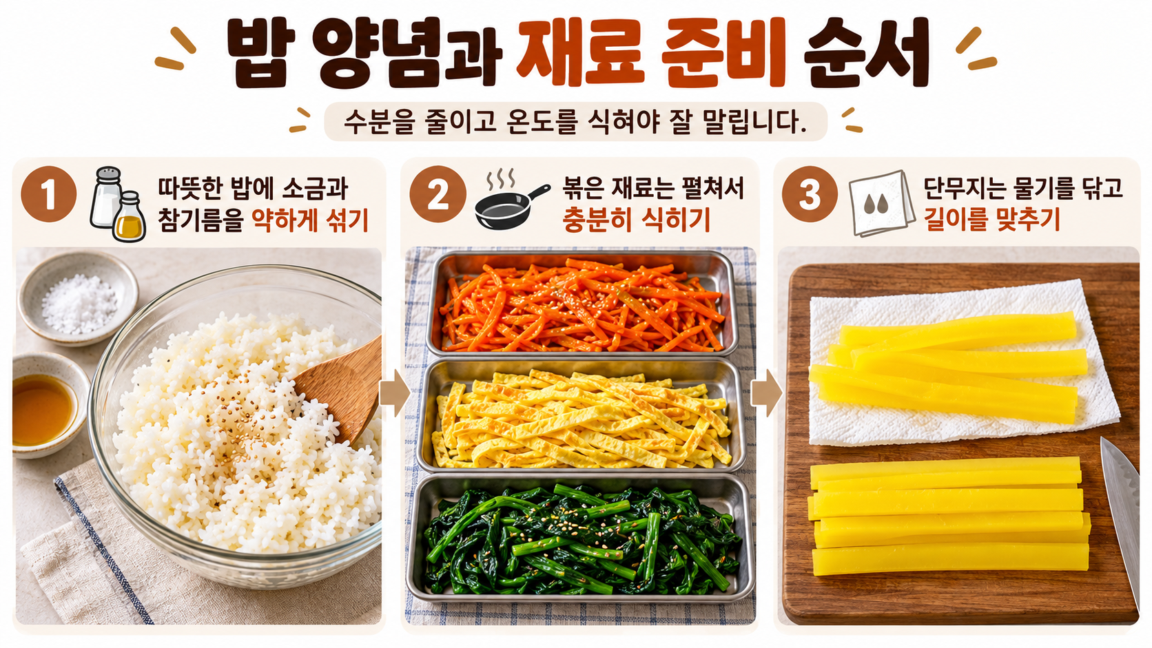 김밥밥 양념과 재료 준비 순서를 보여주는 정보카드
