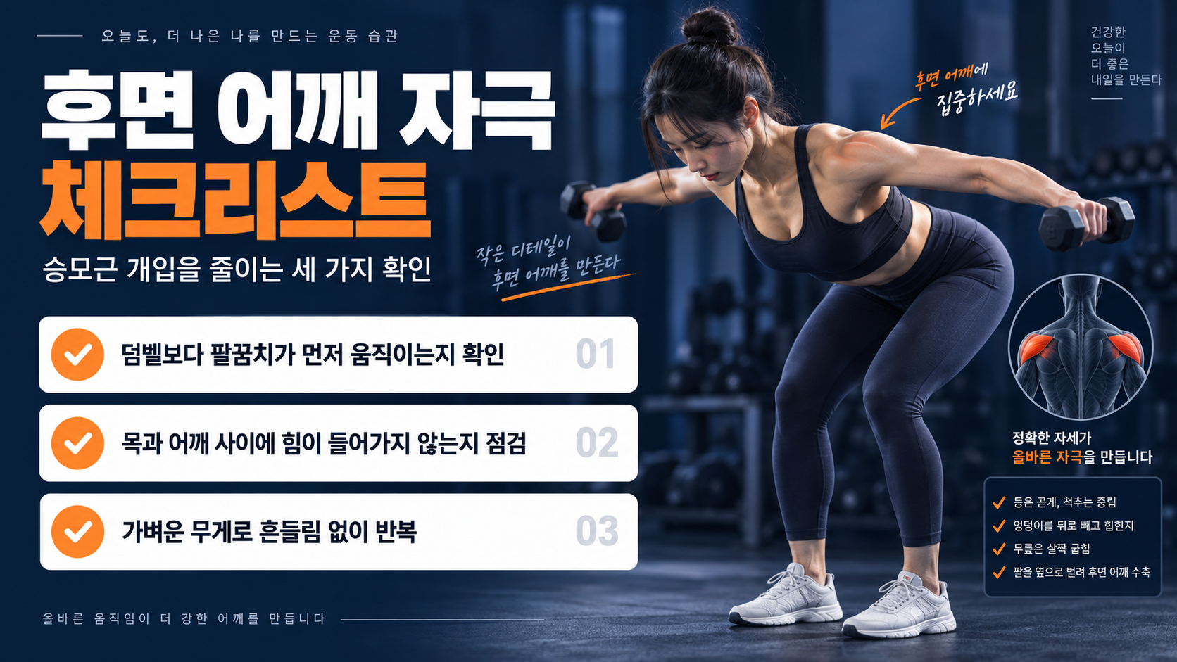후면 삼각근 자극을 위한 무게와 자세 점검표
