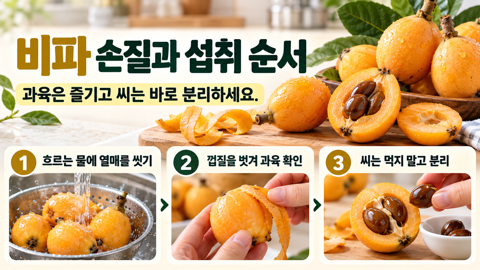 비파 열매를 고르고 씻고 보관하는 순서를 보여주는 정보카드