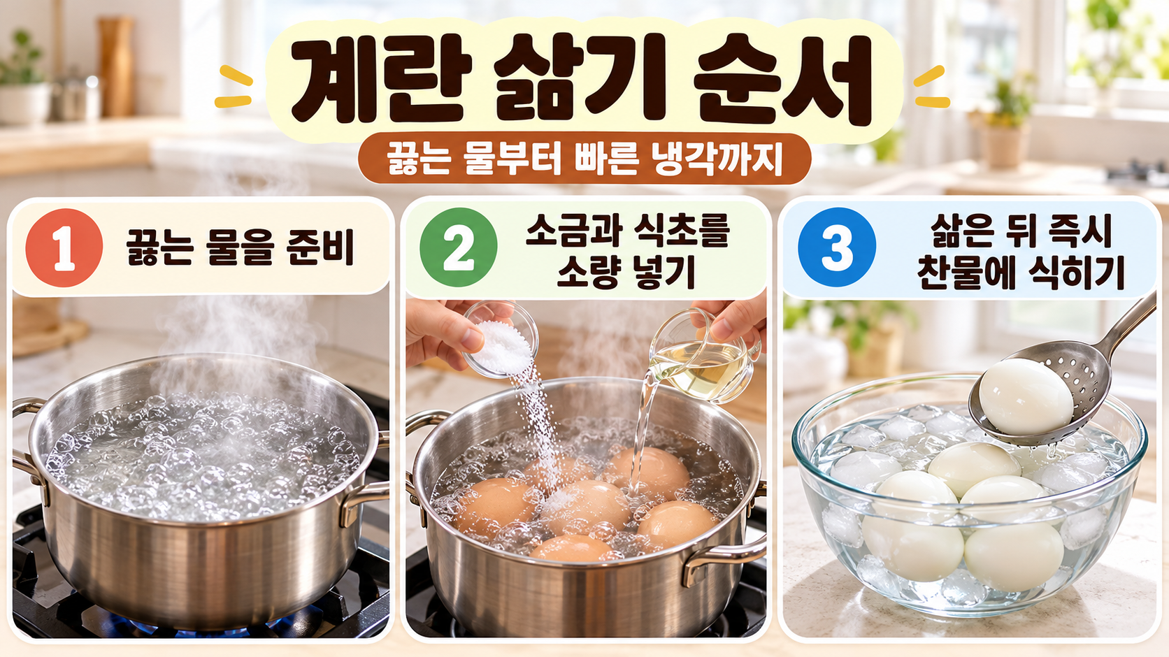 계란을 삶고 식혀 껍질을 까는 순서를 보여 주는 정보 카드