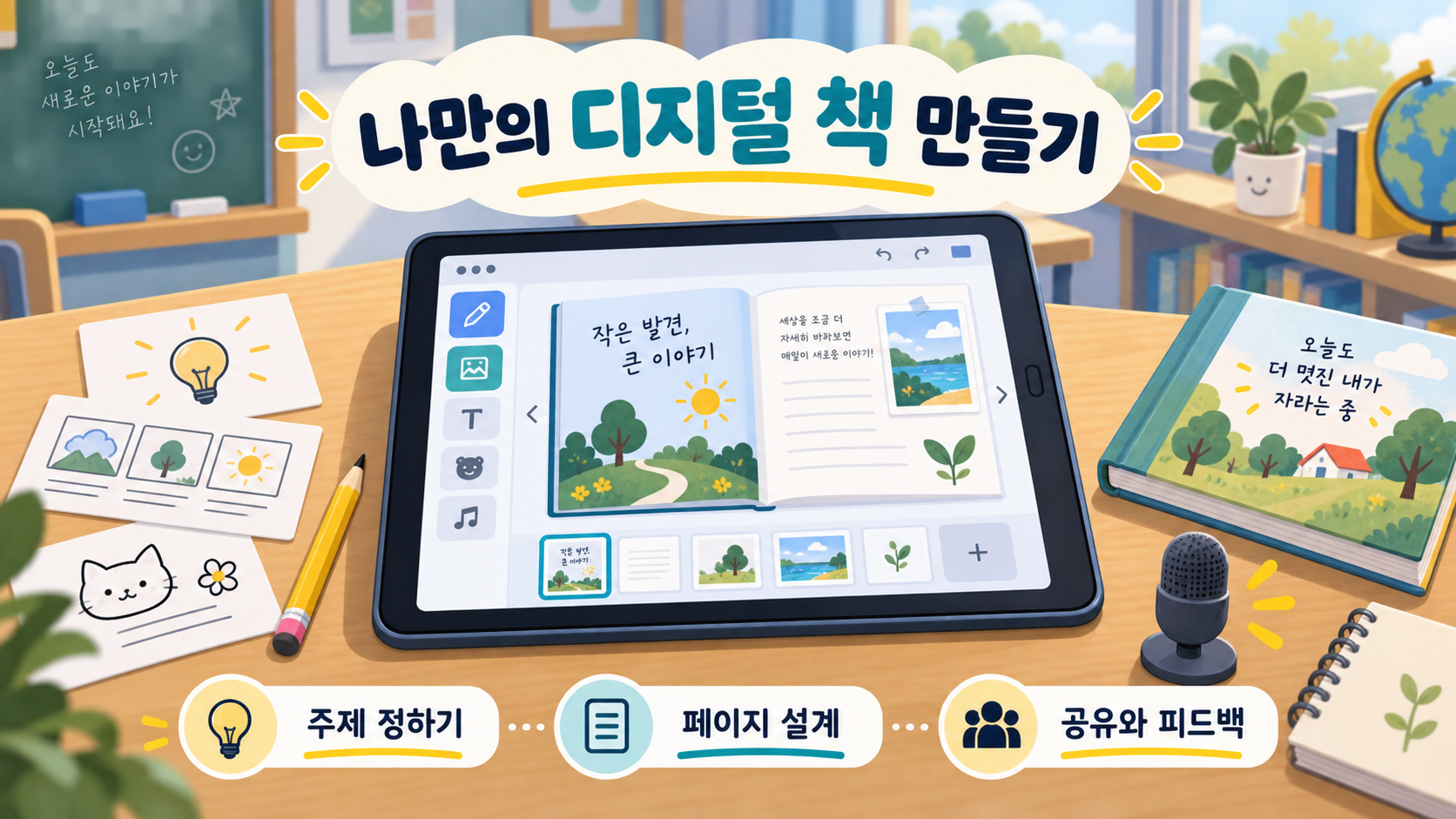 북크리에이터로 디지털 책을 만드는 과정을 보여 주는 한국어 정보 카드
