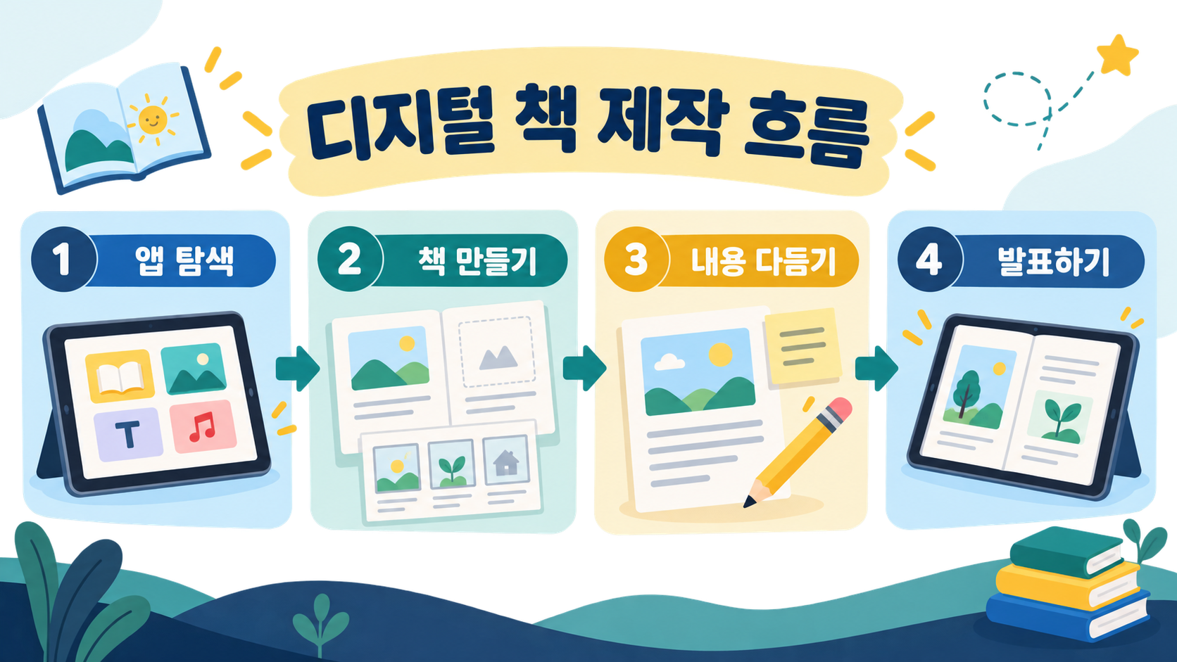 주제 탐색부터 공유까지 디지털 책 제작 단계를 정리한 타임라인 카드