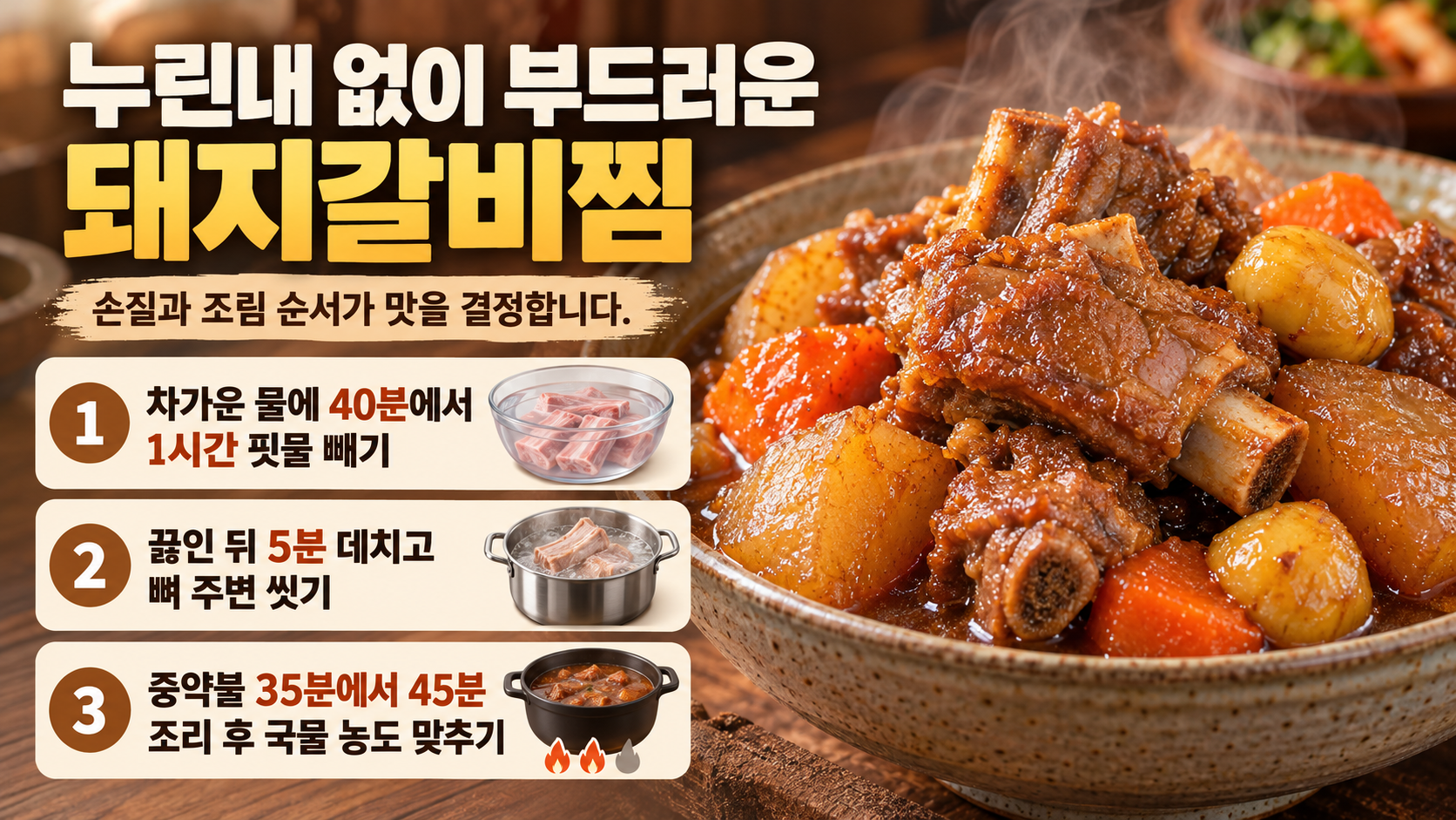 누린내 없이 부드러운 돼지갈비찜 조리 핵심 정보카드
