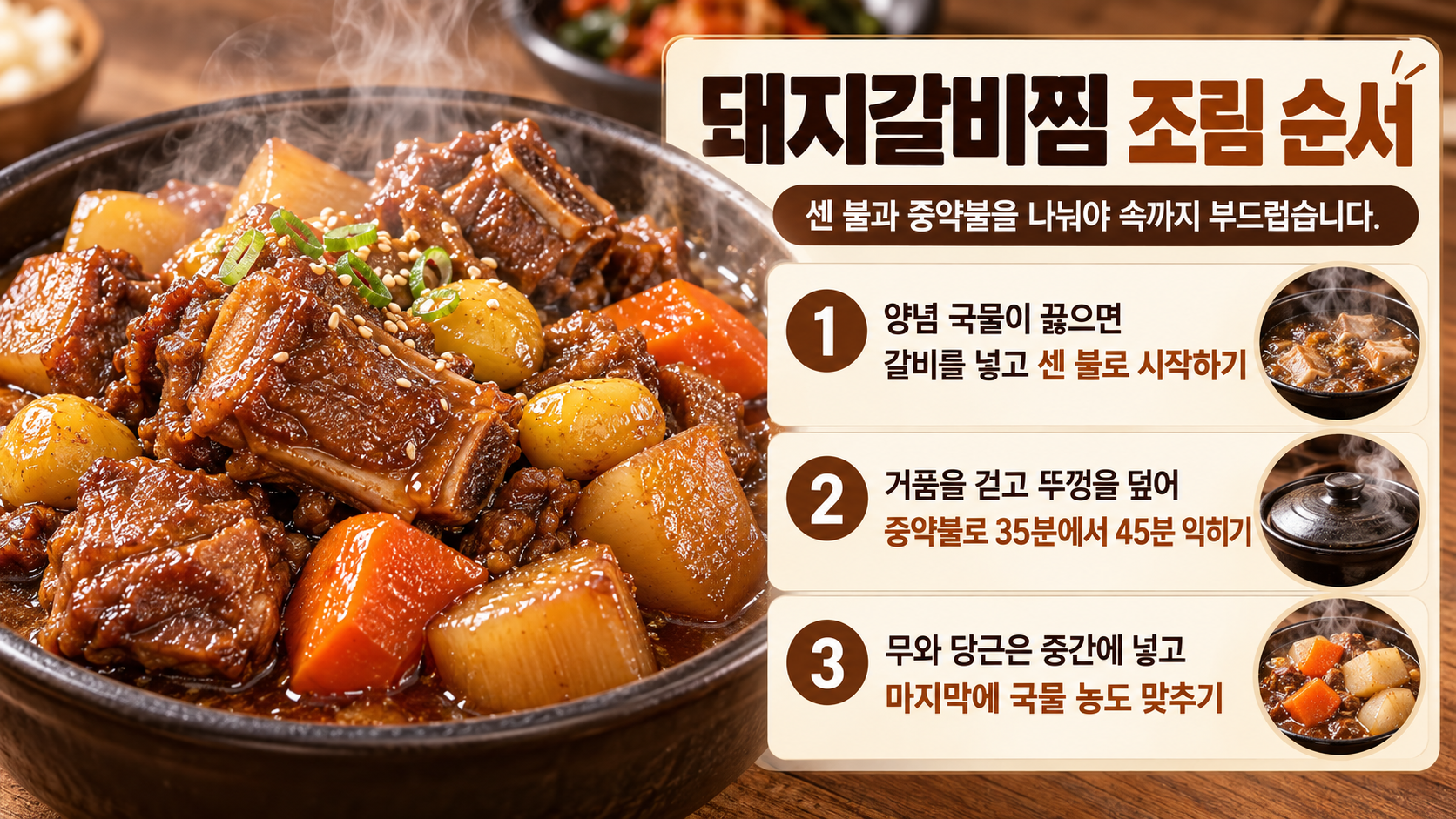 돼지갈비찜 손질과 조림 순서를 보여주는 정보카드