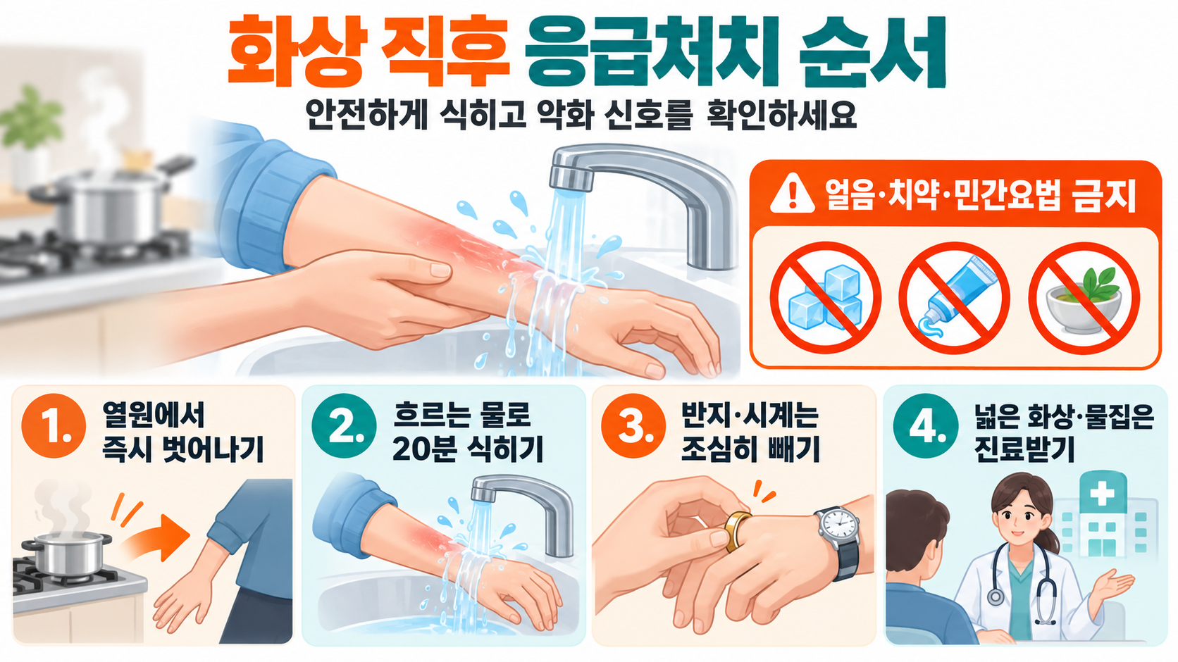 화상 직후 흐르는 물 냉각부터 보호와 진료 판단 순서를 보여주는 한국어 정보카드
