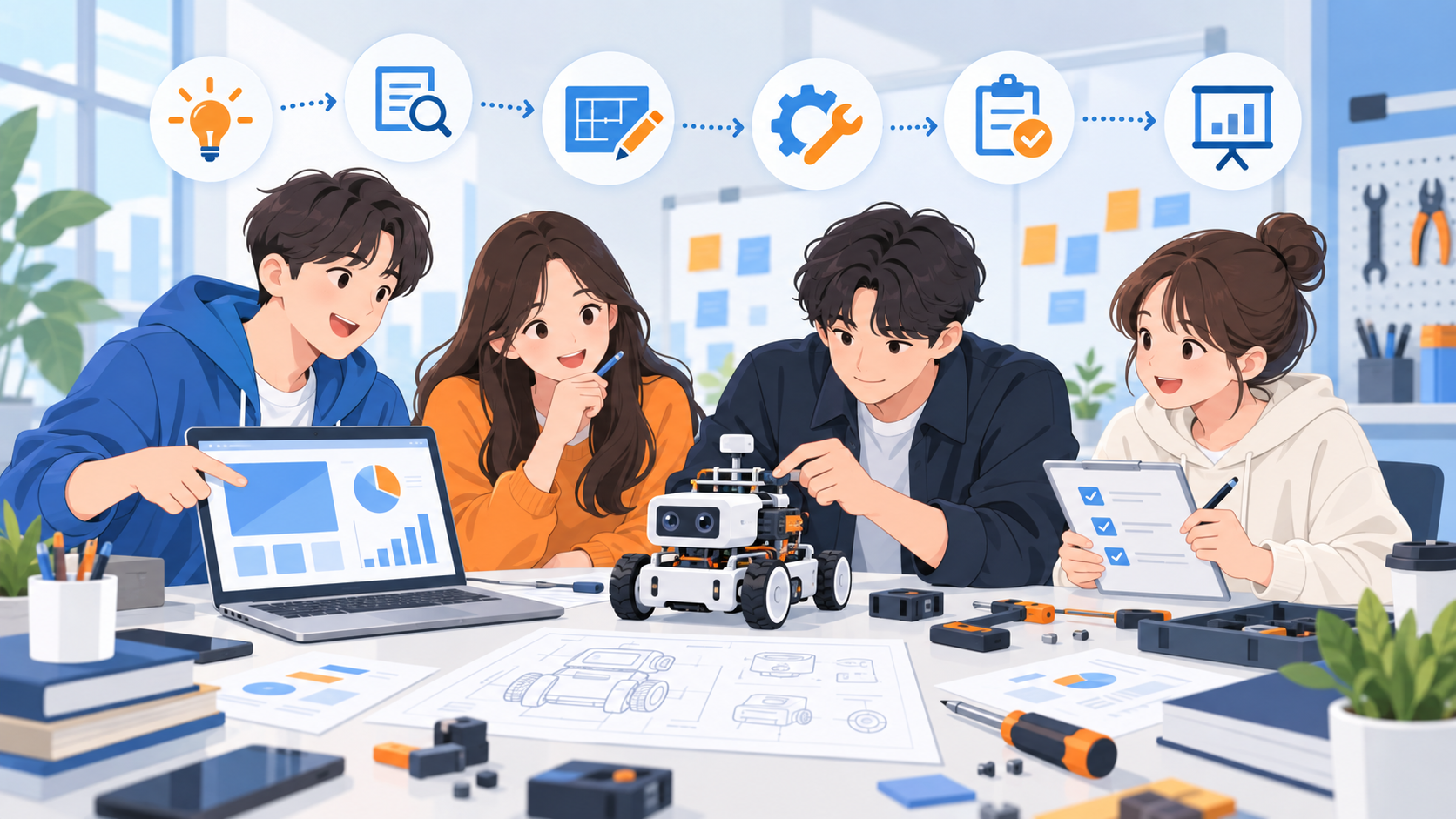학생들이 캡스톤 디자인 결과물을 검토하는 모습