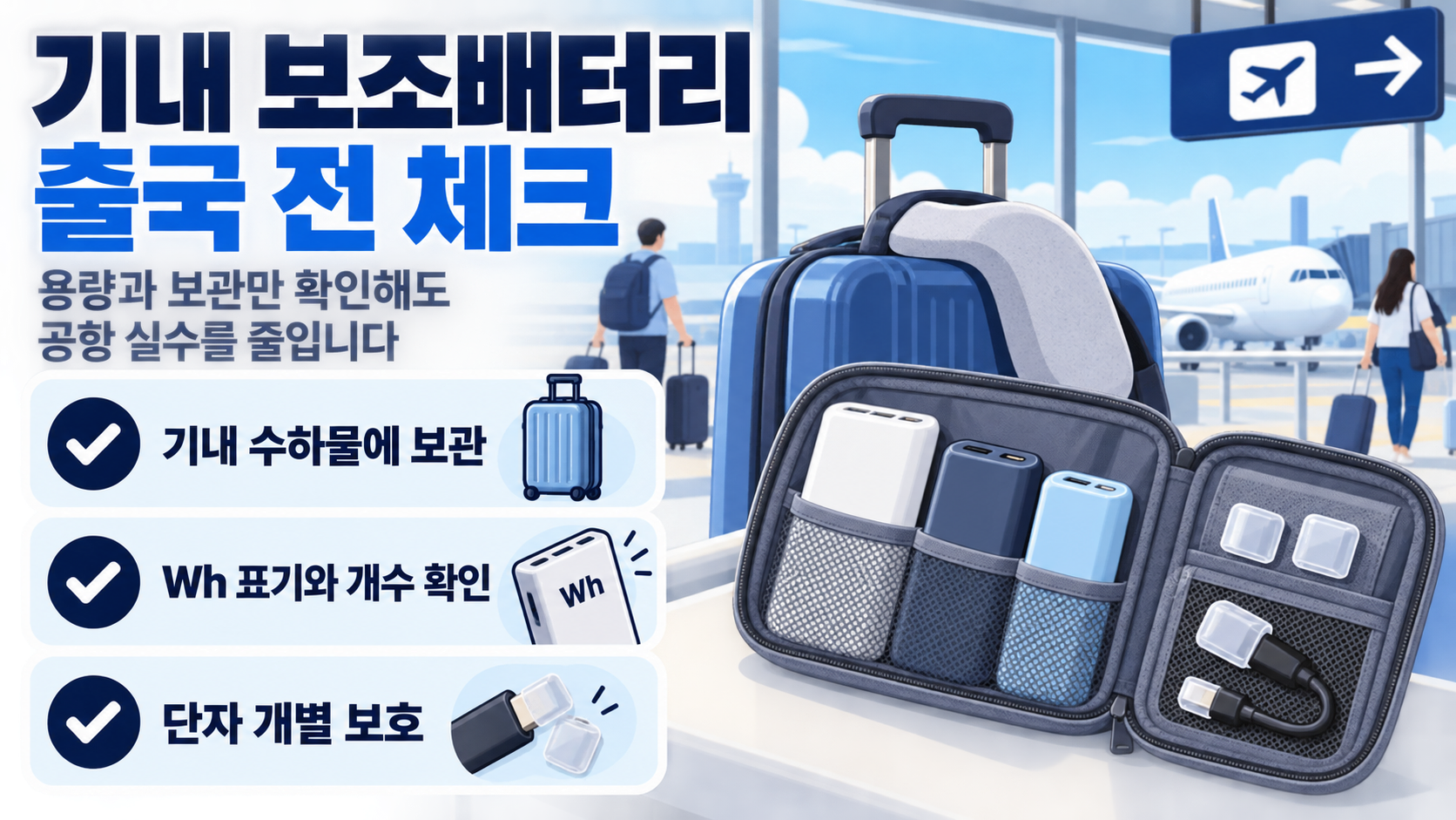 기내 보조배터리 반입 전 용량과 단자 보호를 확인하는 여행자