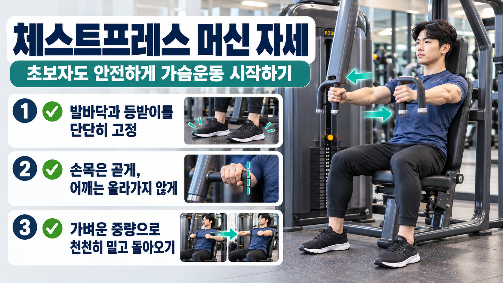 체스트프레스 머신 자세 핵심을 안내하는 한국어 정보카드