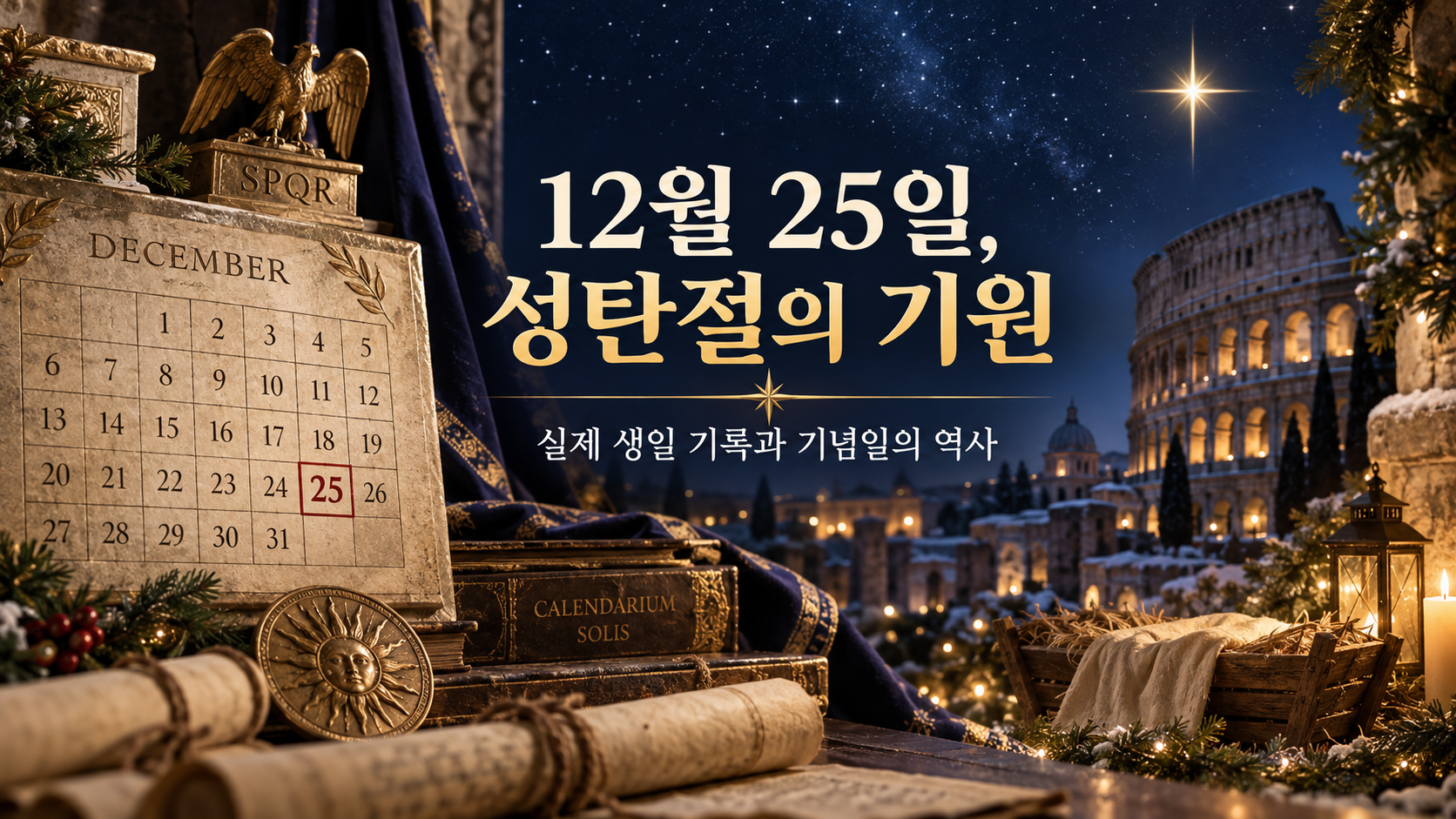 겨울 밤 조명과 달력 위에 12월 25일 성탄절의 기원을 설명하는 한국어 정보카드