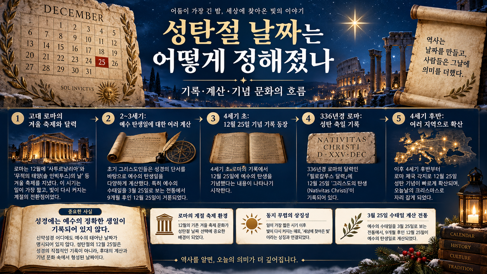 초기 교회부터 현대까지 성탄절 날짜와 문화가 형성된 과정을 보여 주는 연표형 정보카드