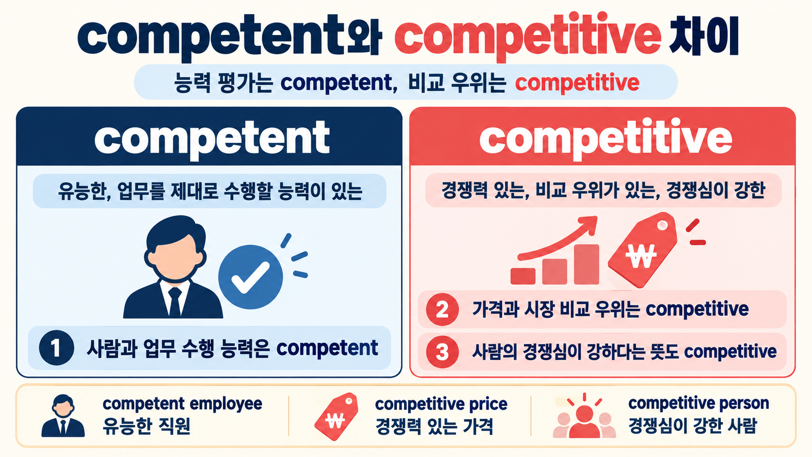 competent와 competitive 차이를 비교하는 영어 학습 정보카드
