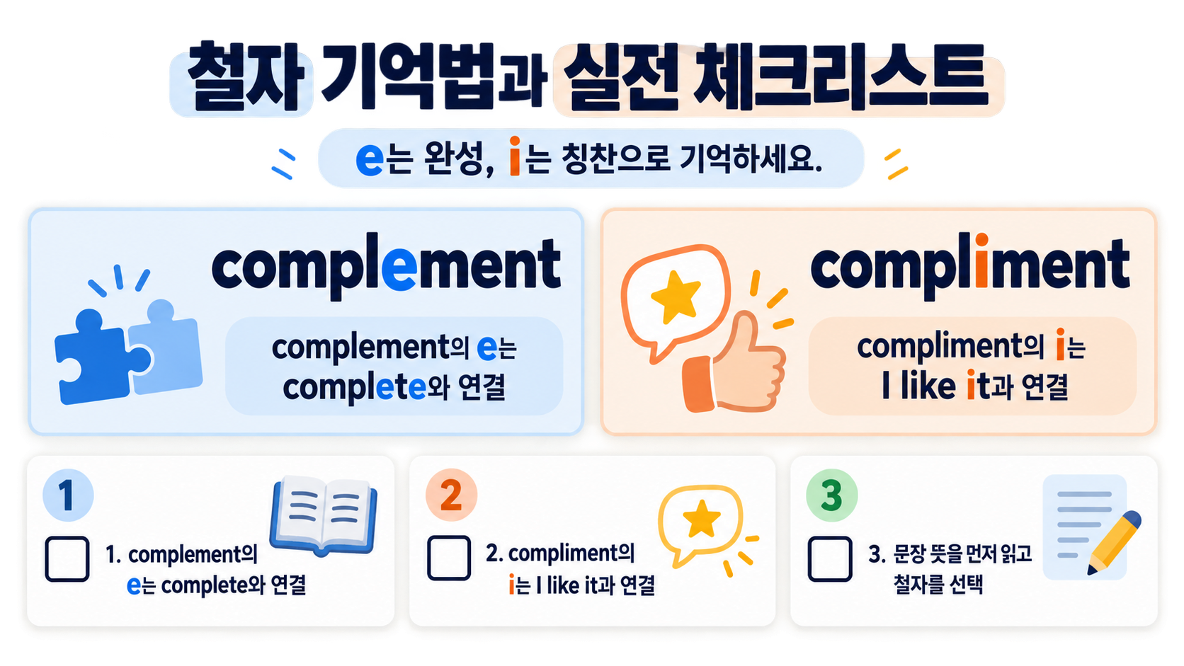 Complement와 Compliment를 구분하는 체크리스트 정보카드