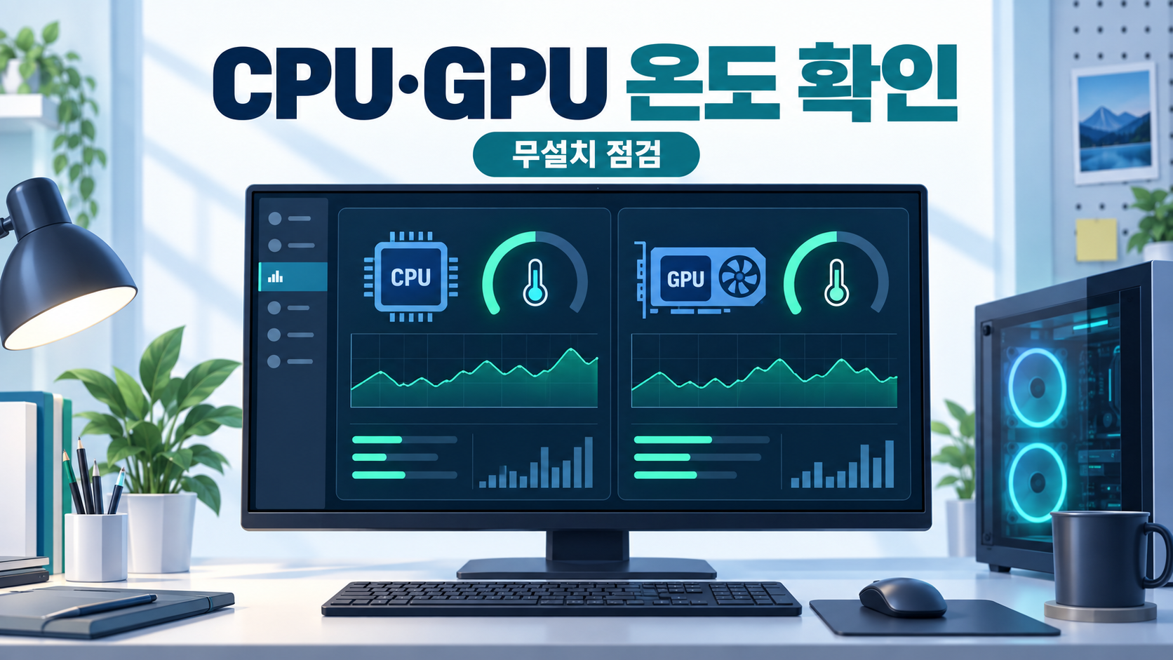 노트북 화면에 CPU와 GPU 온도 상태를 보여 주는 한국어 정보 카드