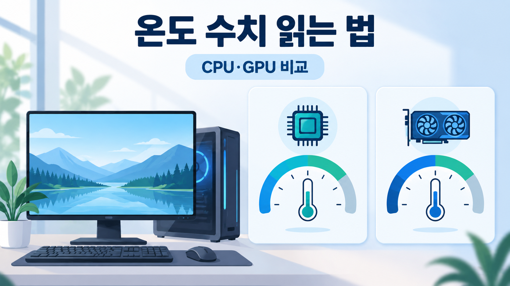 통풍 공간과 먼지 점검 위치를 보여 주는 데스크톱 컴퓨터 관리 안내 이미지
