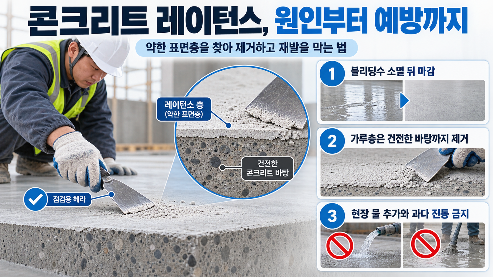 콘크리트 레이턴스의 원인과 대응 방법을 정리한 정보 카드