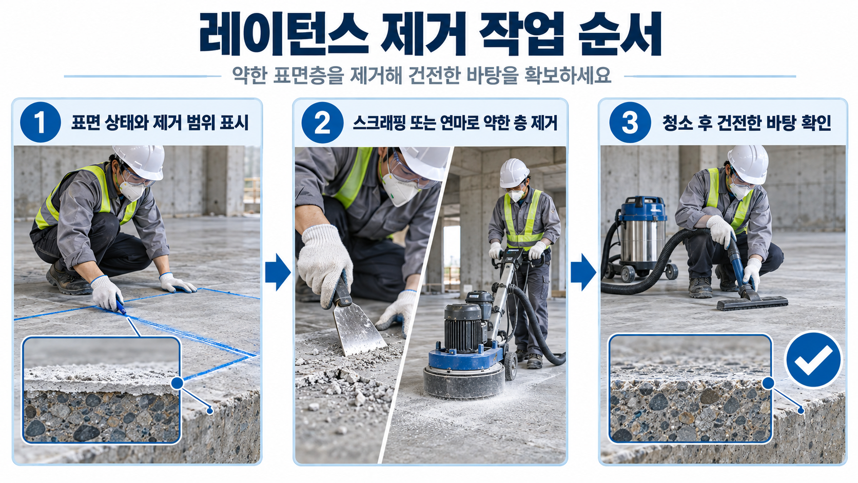 콘크리트 표면 레이턴스 점검과 제거 순서를 보여 주는 정보 카드