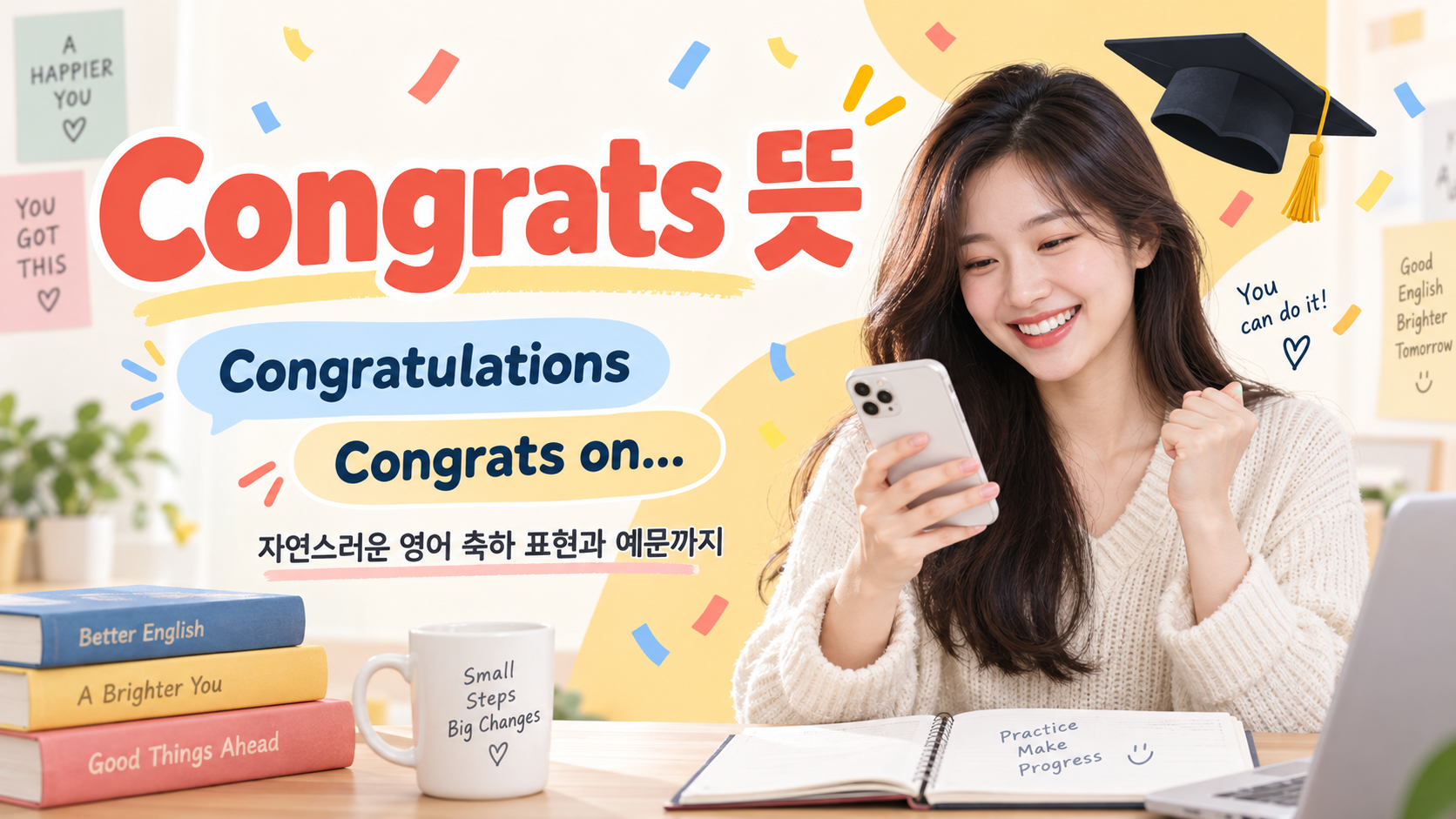 Congrats 뜻과 영어 축하 표현을 소개하는 밝은 한국형 정보카드