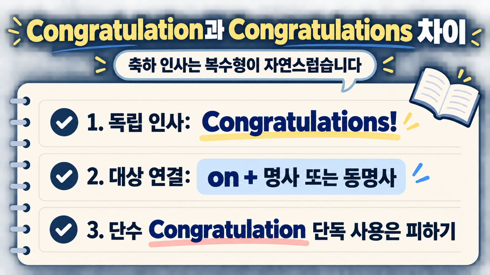 Congratulation과 Congratulations 차이를 설명하는 한국어 정보카드