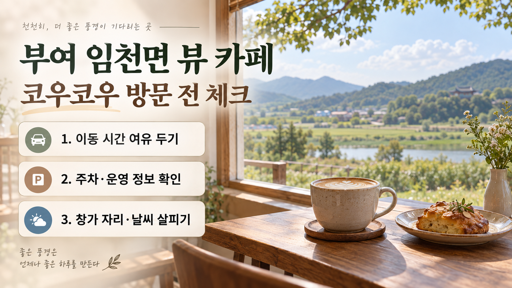 부여 임천면의 풍경을 배경으로 놓인 커피와 디저트가 있는 카페 테이블