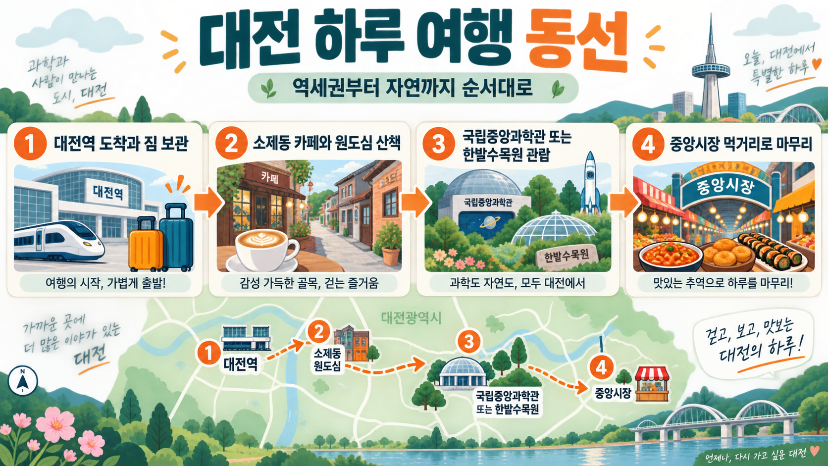 대전역 기준 오전부터 저녁까지 이어지는 대전 여행 순서 정보카드