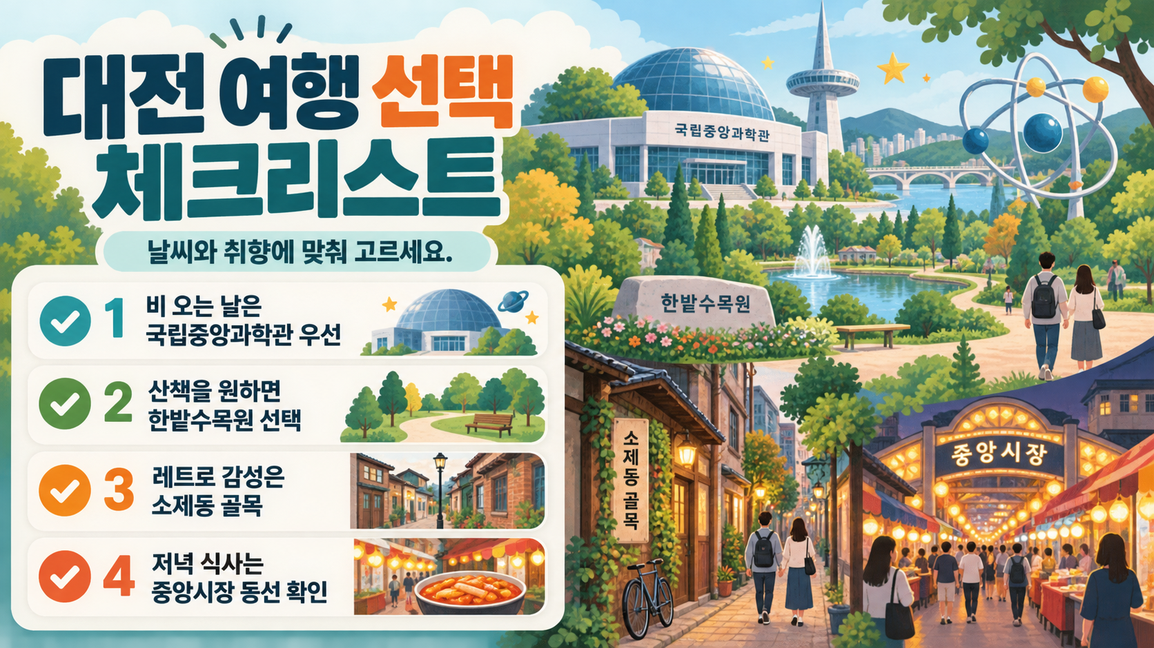 대전 여행지 선택과 방문 전 확인 사항을 정리한 체크리스트 정보카드