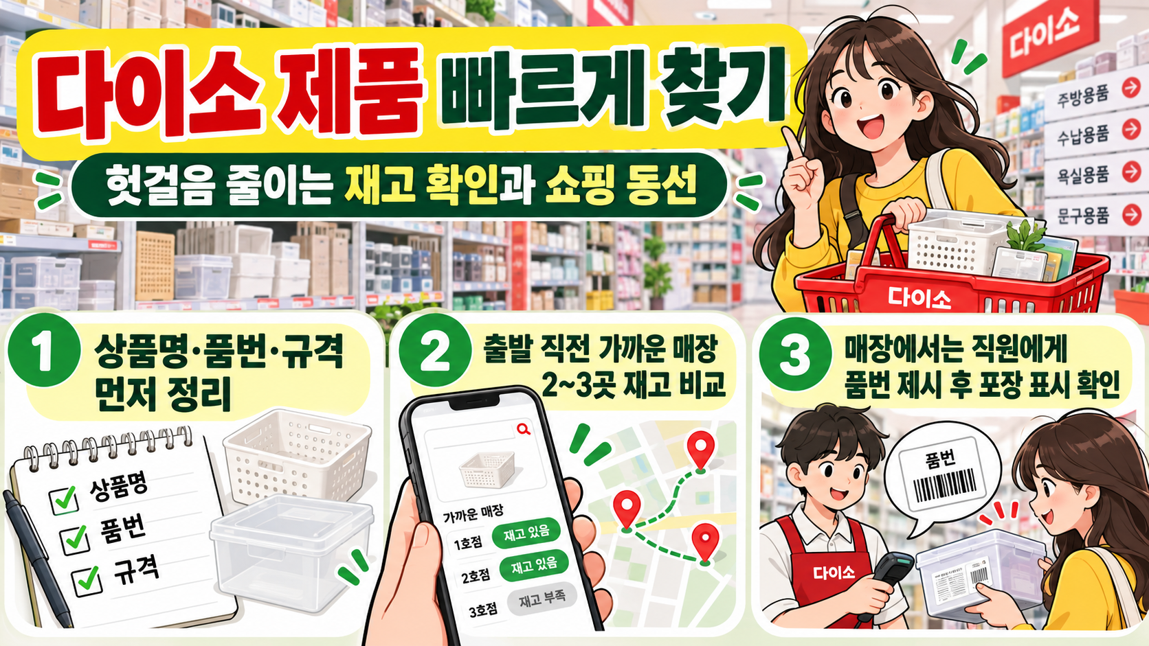 다이소 상품을 빠르게 찾는 재고 확인과 매장 동선 안내 카드