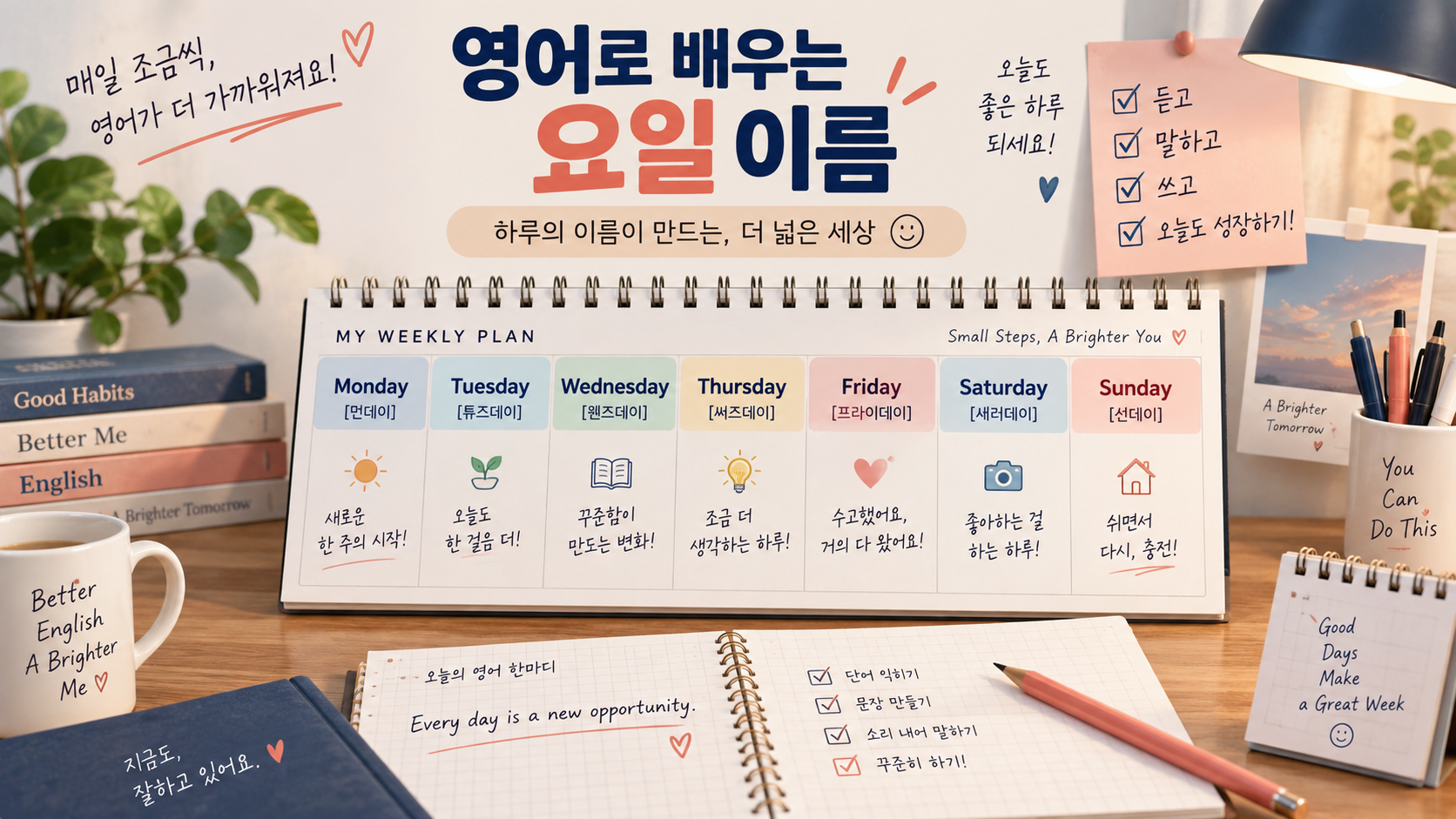 달력 위에서 영어 요일 약자 Mon부터 Sun까지 확인하는 모습