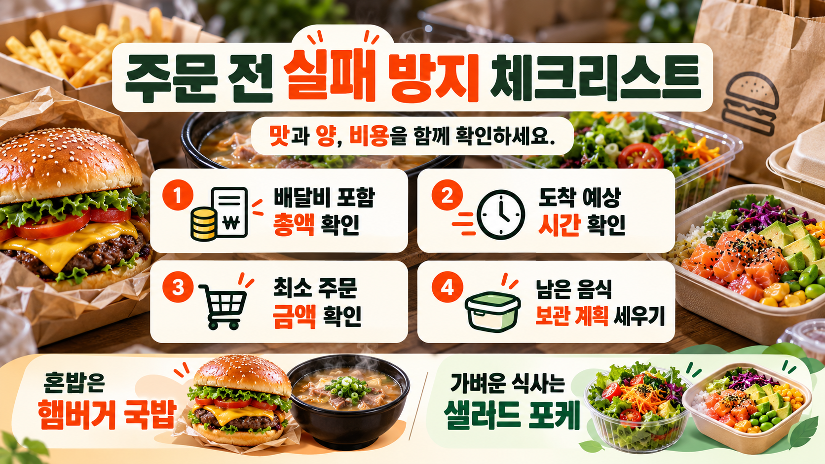 상황별 배달음식 조합과 확인 항목 정보카드