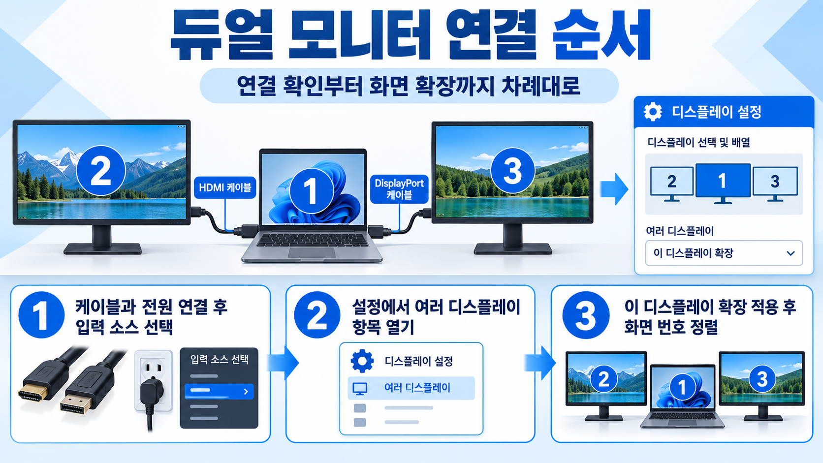 듀얼 모니터 화면 확장 설정 단계를 보여 주는 정보 카드