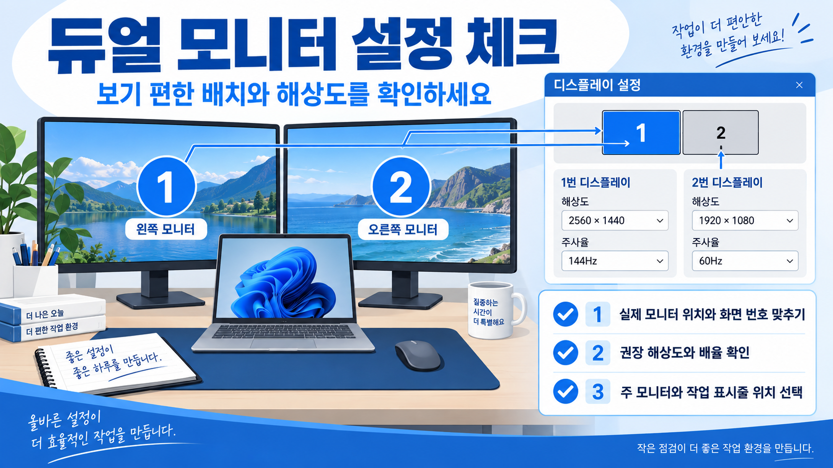 듀얼 모니터 오류 점검과 배경화면 설정 기준을 보여 주는 정보 카드