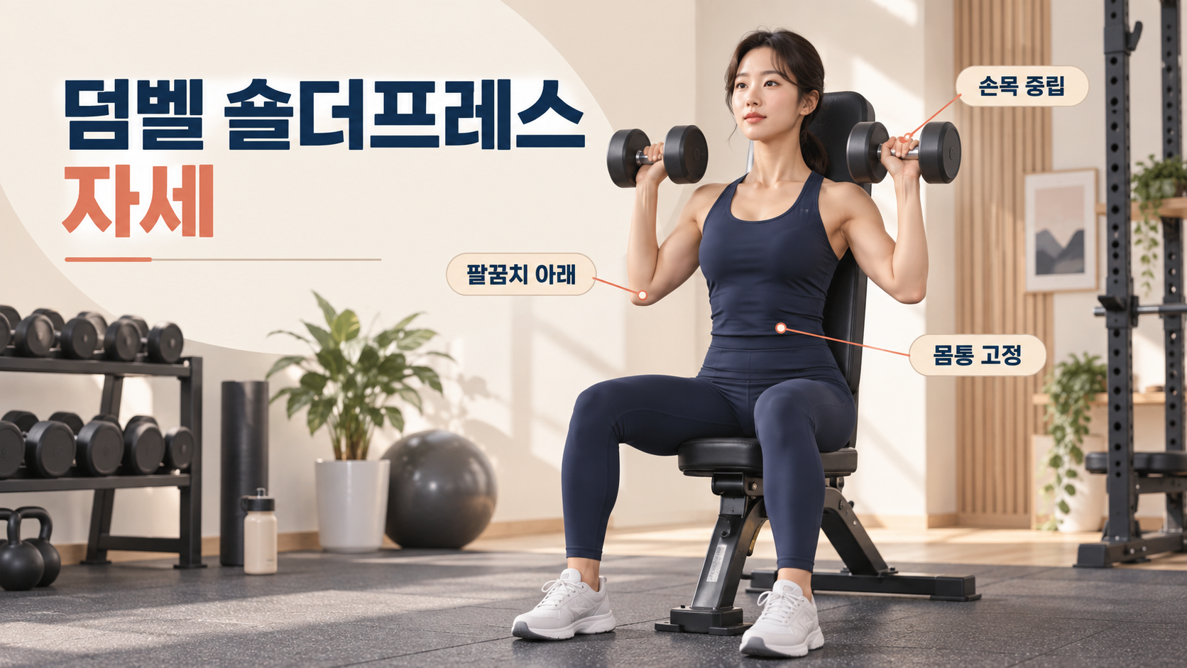 덤벨을 들고 올바른 숄더프레스 준비 자세를 보여주는 한국인 운동자