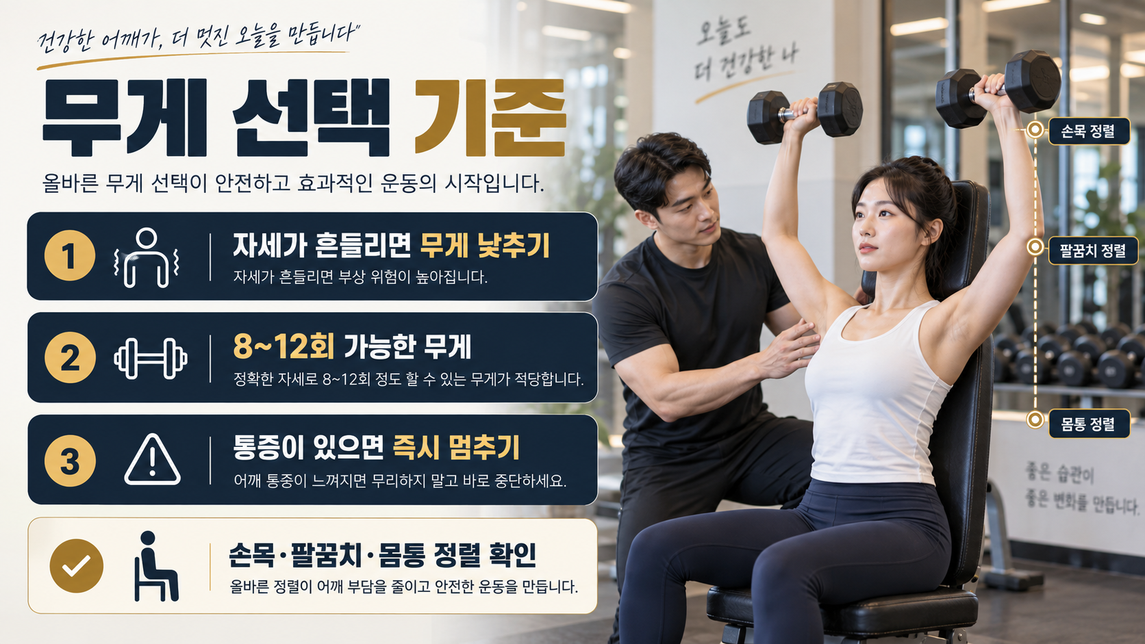 덤벨 숄더프레스에서 손목과 팔꿈치, 몸통 정렬을 설명하는 한국어 운동 정보 카드