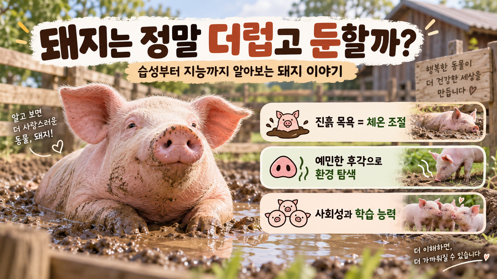 돼지의 청결 습관과 지능을 소개하는 정보카드