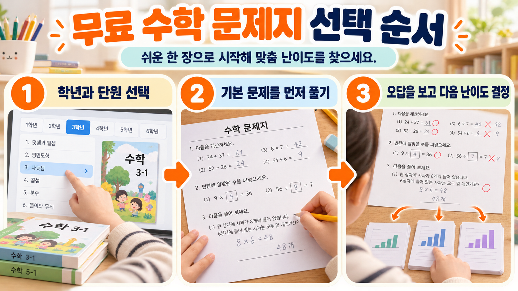 학년과 단원에 맞춰 수학 문제지를 고르는 순서를 보여주는 정보카드