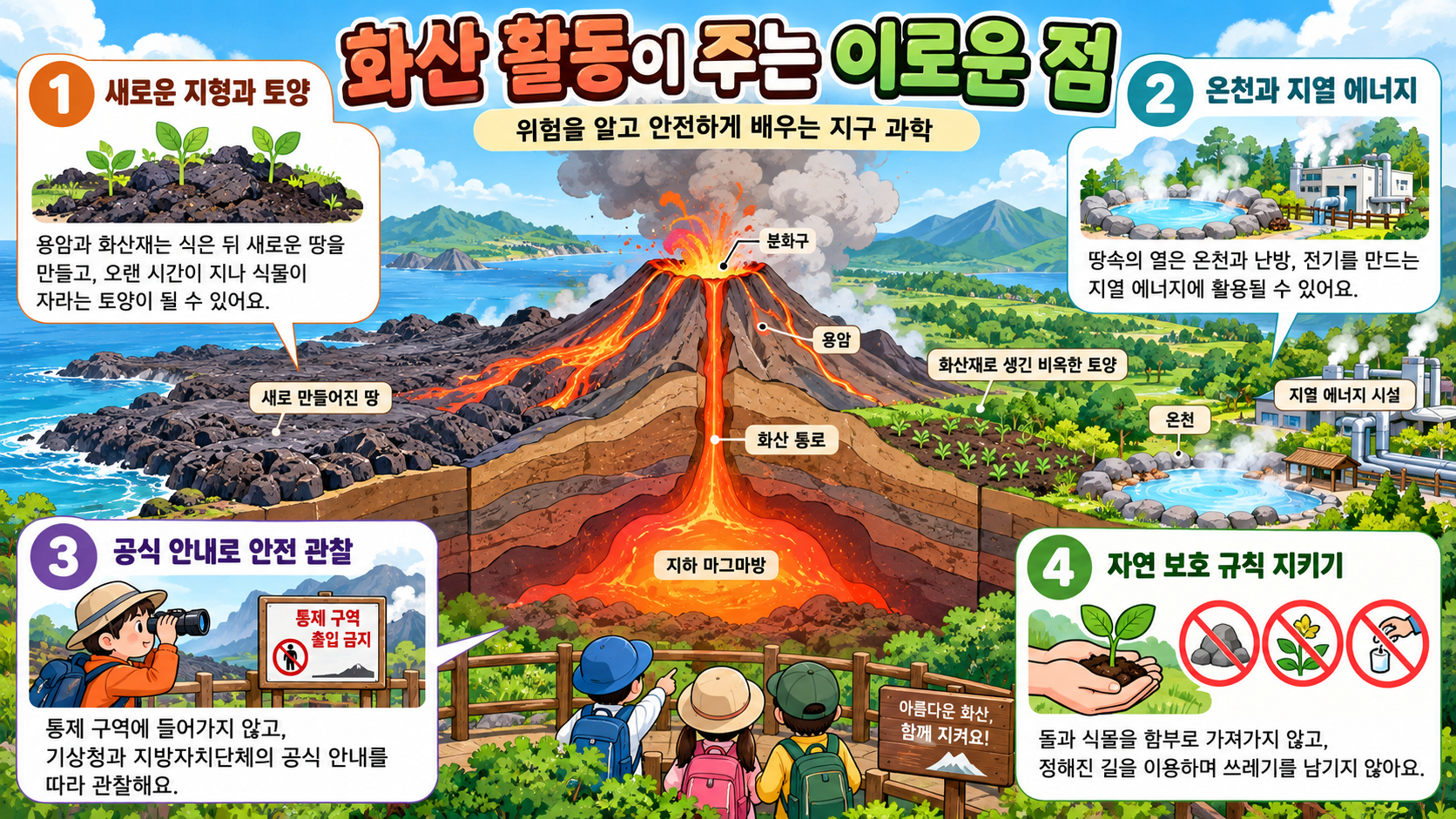 화산 활동의 이로운 점을 설명하는 초등 과학 정보카드