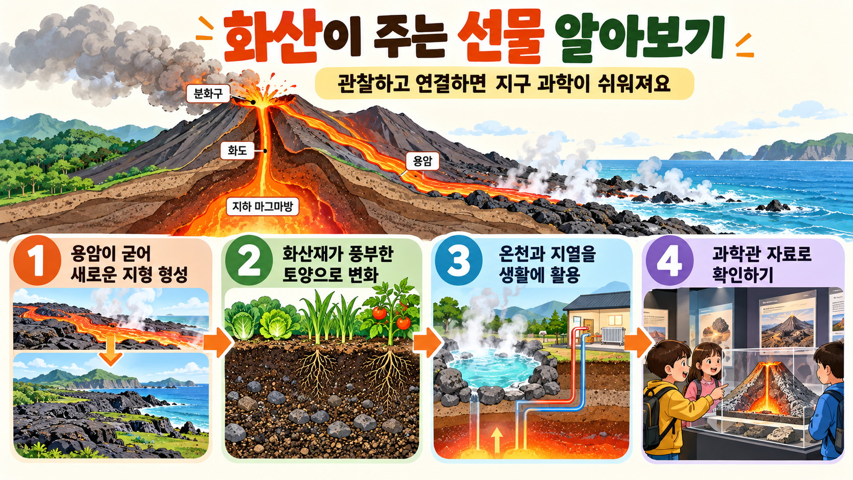 화산 활동 뒤 토양과 지형이 변화하는 과정을 보여주는 정보카드
